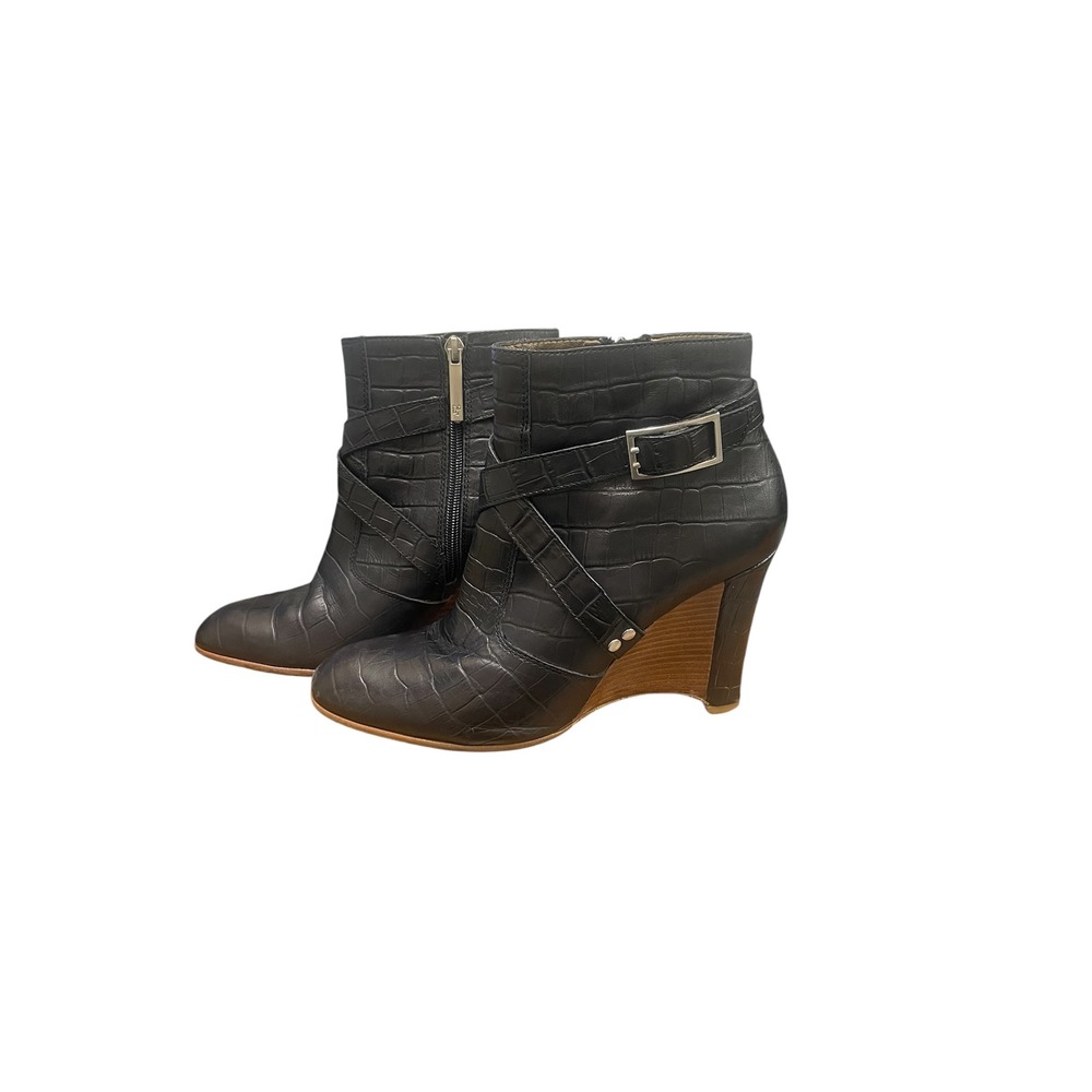Donald J. Pliner Hannah Black Croc Embossed Leather Wedge Ankle‎ Booties 9.5